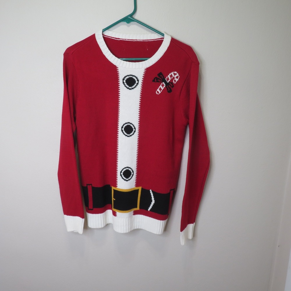 Santa Claus Christmas Sweater Red Knit Candy Cane Belt Graphic Mens Large